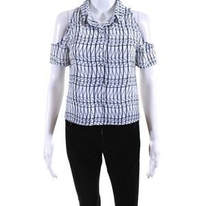 O2nd For Scoop NYC Womens Button Front Cold Shoulder Top White Blue Size 2